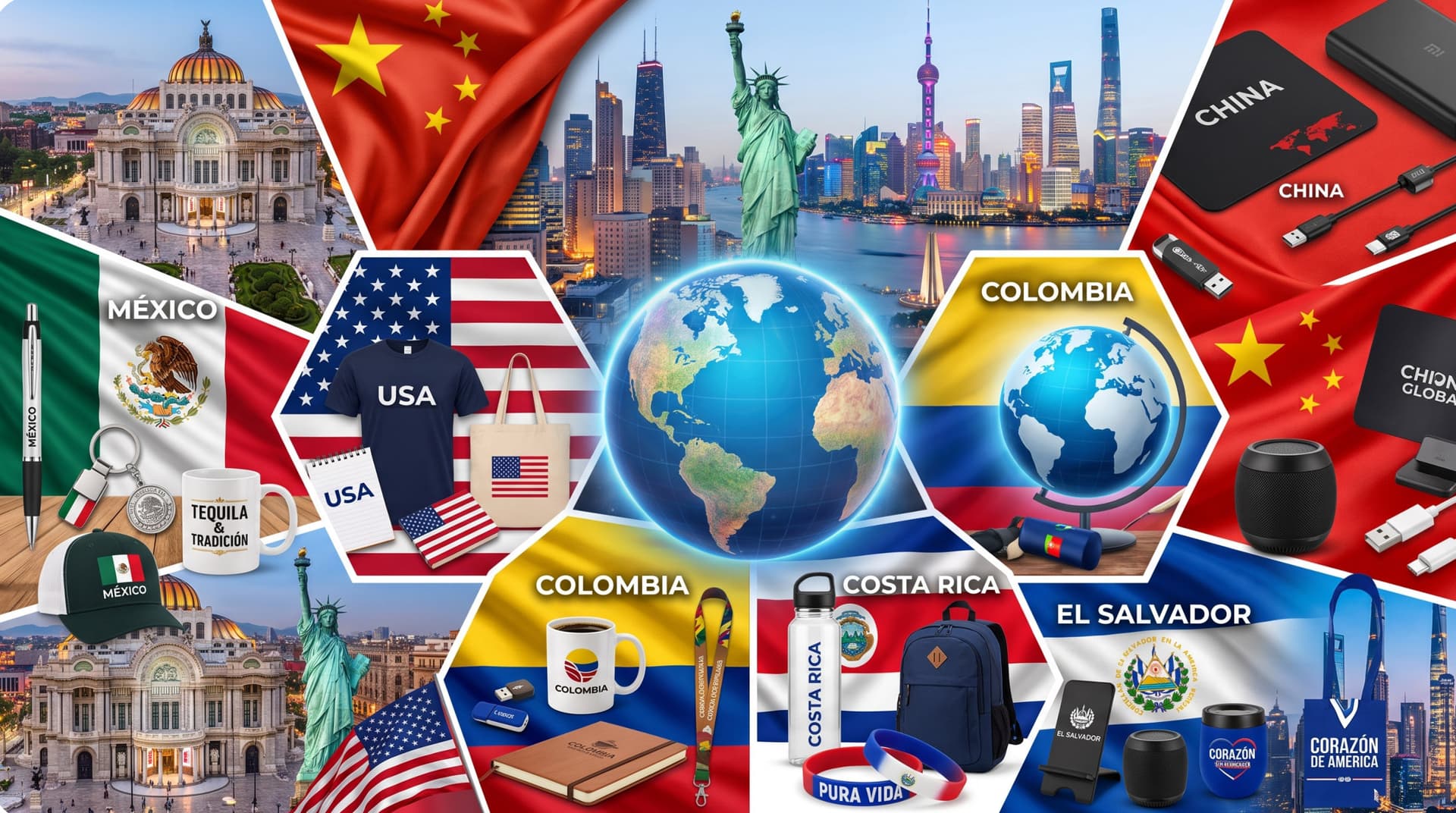 Collage de banderas, ciudades y promocionales de los países donde opera BH